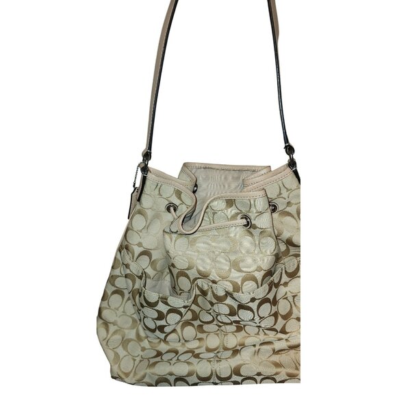 Coach Signature Beige & Pink Canvas & Leather Drawstring Bucket Bag Adjust Strap - Picture 3 of 8